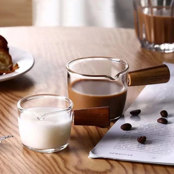 Glass Measuring Cup Wood Handle Glass Espresso Measuring Cup Single Milk Coffee Clear Jug Coffee Supplies Kitchen Measure Mug