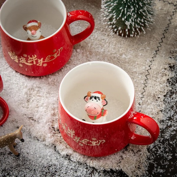 3D Animal Christmas Favors Ceramic Mug Cute Cow Unique Hand Painted Novelty Personalised Coffee Tea Milk Mug 400ml
