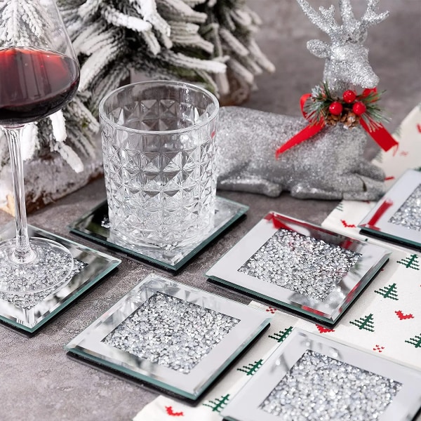 Glass coffee and tea coaster set tableware decoration cups and saucers silver shiny rhinestones
