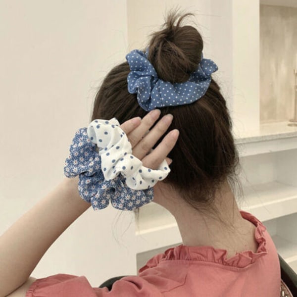 Women Sweet Scrunchies Polka Dot Plaid Daisy Print Hair Ring Rope Ties Headwear