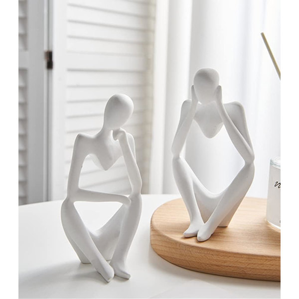 Wood The Resin Thinker Statue Modern Abstract Figure Hand Carved Craft Art for Home Office Bookshelf Desktop Crafts Gifts. (White right)