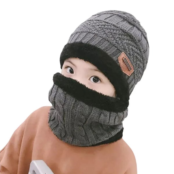 Children Knitted Hat Winter Warm Baby Kids Cap Skullies Beanies Circle Scarf Thicken Fleece Lining For 2-12 Years Boys Girls