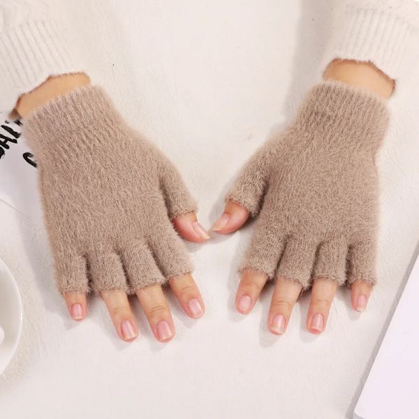 Warm Winter Knit Gloves Half Finger Men Women Thermal Gloves Autumn Solid Color Adult Writing Office Thick Elastic Plush Gloves