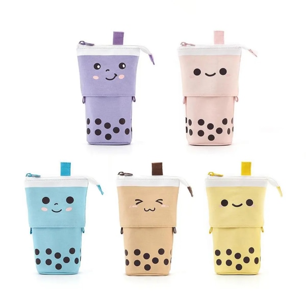 1 Set Cute Boba Milk Tea Telescopic Pen Bag Pencil Holder Stationery Case Stand Up Pencil Case Stationery Pouch Box For Students