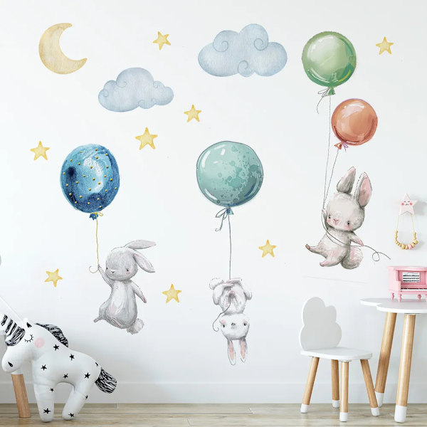 Cute Lovely Flying Rabbits Wall Stickers Balloons Moon Star Cloud Removable Decal for Kids Nursery Baby Room Decor Poster Mural