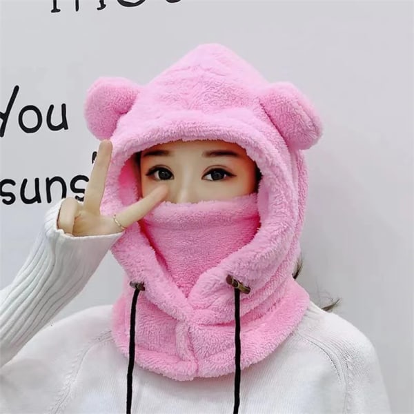 Winter Cute Cartoon Plush Bear Ears Hats Balaclava Warm Bear Baby Hooded Hat Ear Protection Cap Windproof Thick Warm Neck Cover