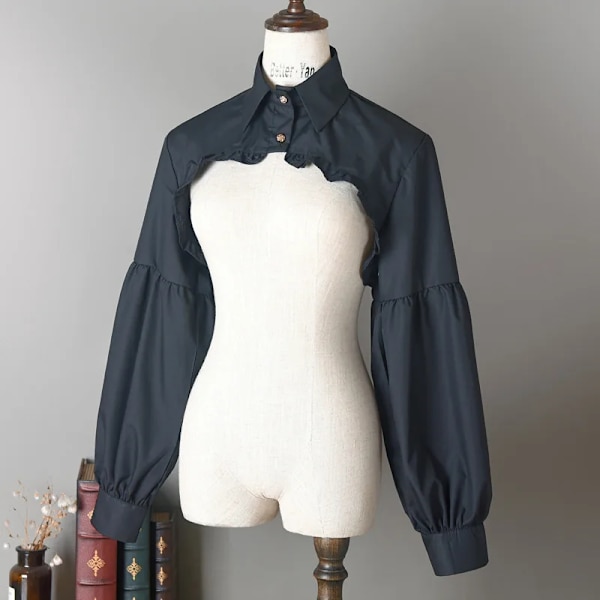 Women Puff Long Sleeve Half Top Blouse Ruffled Golden Button Detachable False Fake Collar Sweater Decorative Accessories t shirt