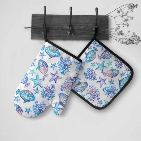 Ocean Fish Oven Mitt and Pot holder Set Heat Resistant Non Slip Kitchen Gloves with Inner Cotton Layer for Cooking BBQ Baking