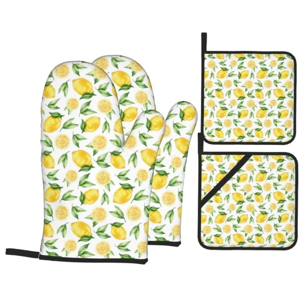 Bright Yellow Lemons Oven Mitts and Pot Holders Sets of 4 Resistant Hot Pads with Non-Slip Gloves for Cooking Baking Grilling