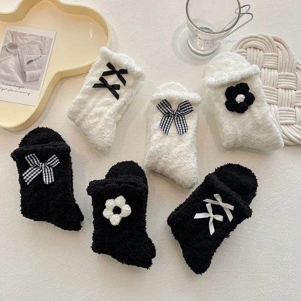 Winter Warm Cute Socks Women Flower Sock Fuzzy Autumn Funny Middle Tube Thick Home Black White Floor Soft Sleeping Female