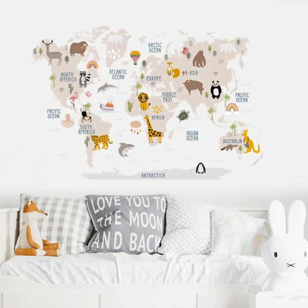 Cartoon Large World Map Wall Stickers Animals Wildlife Watercolor Kids Vinyl Nursery Art Decals for Babys Girls Room Home Decor