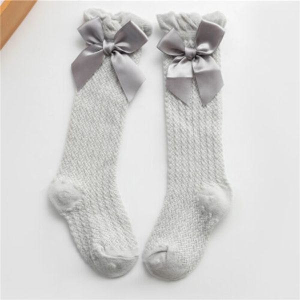 Cotton Long Stockings Girl's Knee High Socks Kids Ruffle Mesh Bow Solid Color KS