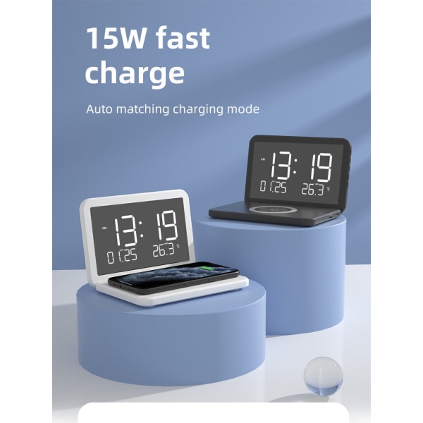 Digital LED Electric Alarm Clock With Phone Wireless Charger Thermometer Table