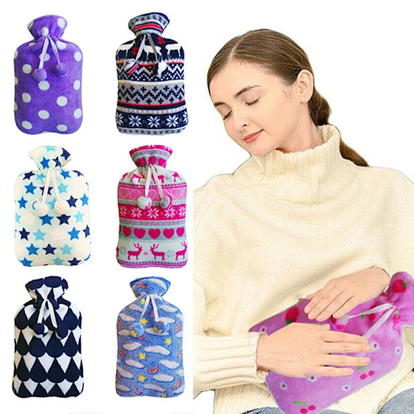 2L Cartoon Hot Water Bottle Cover Skin Case Natural Rubber Fluffy Cover Faux Fur Warm Winter Large Pompom Winter Supplies