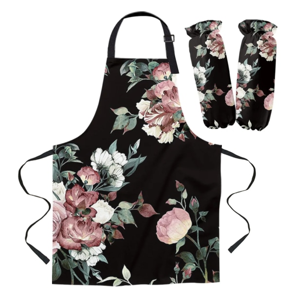 Black Modern Flower Art Apron Cuff Oven Mitts Woman Kid Bibs Home Cooking Baking Coffee Shop Cleaning Kitchen Accessories