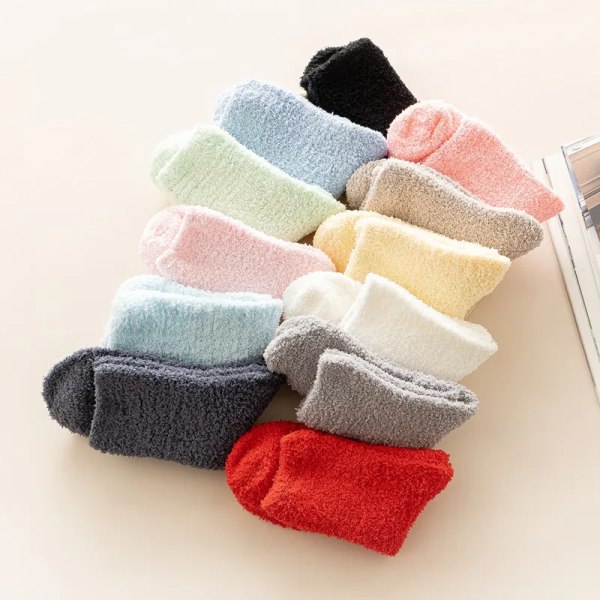 Kawaii Socks Winter Coral Fleece Solid Color Half Edge Fleece Medium Tube Women's Socks Thickened Candy Color Casual Floor Socks