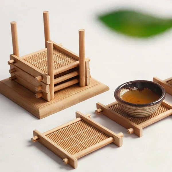 1/4Pcs Bamboo Teacup Coasters Mug Cup Square Mats Table Heat Insulated Pads for Kung Fu Tea Coffee Snack Retro Teaism Decoration