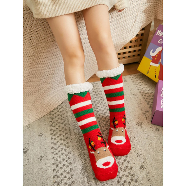 1 Pair Women's Christmas Plush Socks Winter Warmth Soft Flooring Women's Anti Slip Slippers Short Socks Elk Christmas Socks Gift
