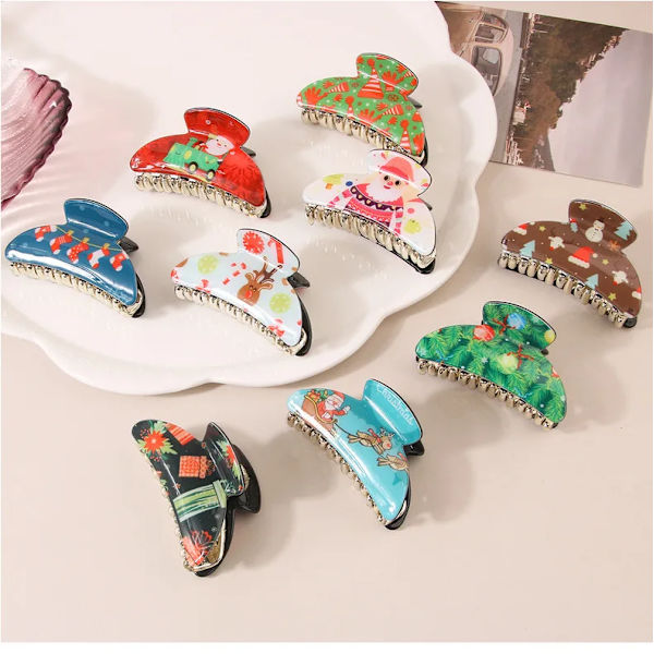 4pairs  Christmas Hair Claw Clips for Women Printing Flower Santa Claus Boots Christmas Tree Sock Shark Clip Party Holiday Accessories