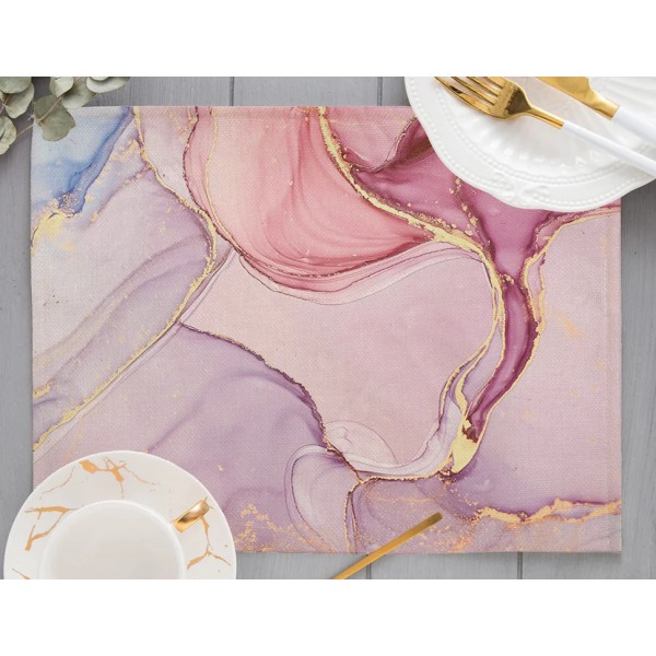 Korean Style Pink Wedding Princess Swan Print Linen Placemat for Dining Table Drink Abstract Marble Rose Coaster Home Decora