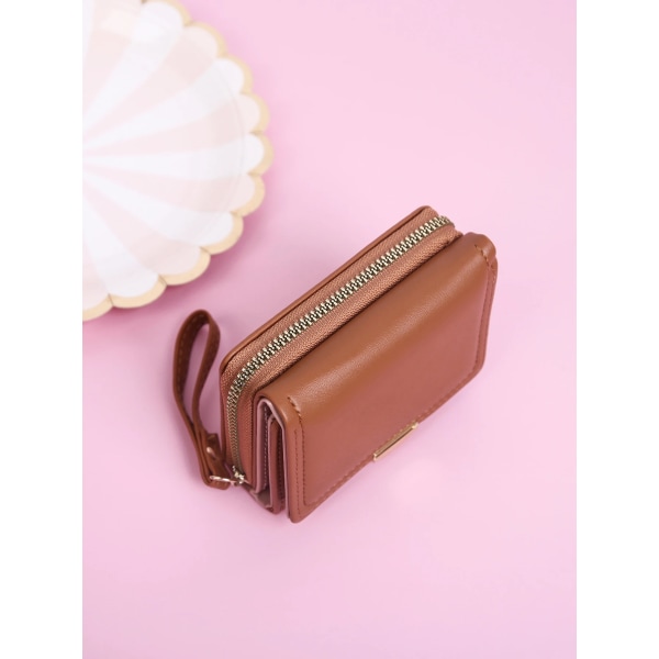 Metal Detail Small Wallet With Wristlet Coin Pocket Small Purse Trifold Zipper Women Wallet Lightweight Pattern Portable Credit