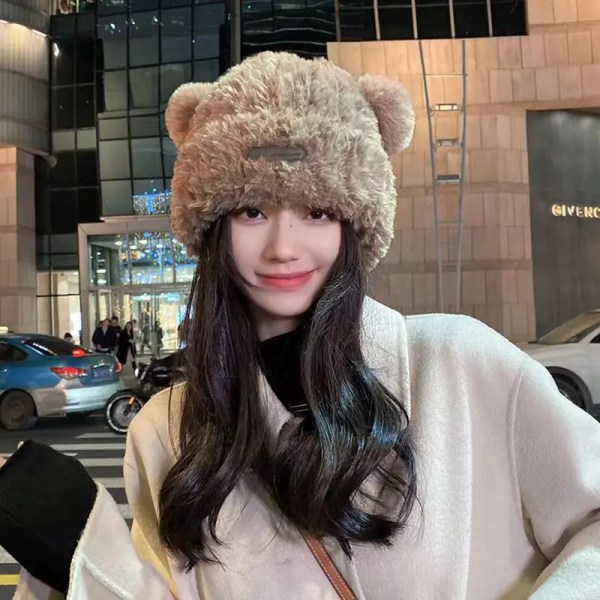 Bear Ears Plush Beanies Hat Winter Cute Warm Thickened Knitted Cap Korean Version Sweet Versatile Ear Protection Women's Hats