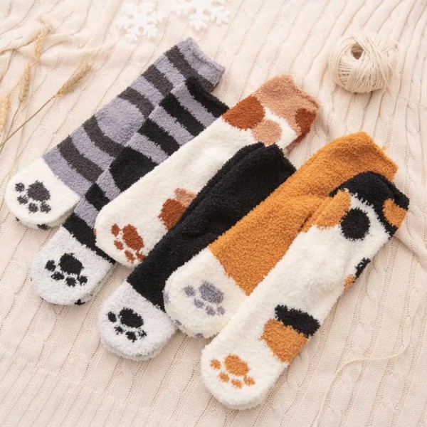 Dreamlikelin 3 Pairs/Lot Women Winter Warm Cat Paw Kawaii Socks Cartoon Animal Soft Velvet Funny Sock Fashion Happy Fluffy Socks