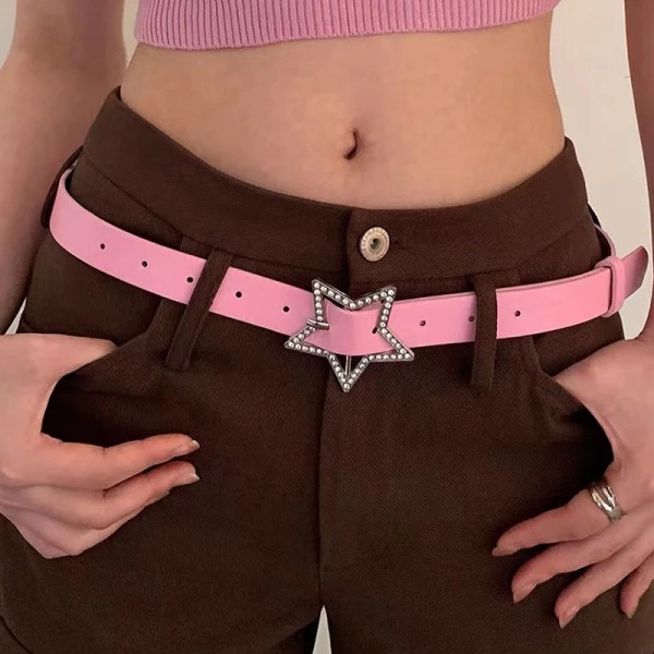 Y2k Star Rhinestone Pink Belt for Women Metal Pin Buckle Waist Strap Girls Decorated With Dress Jeans Waistband
