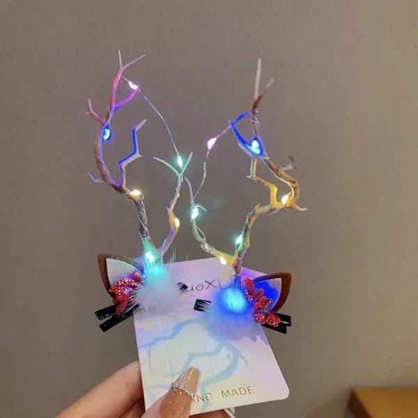 LED Light Up Glow Reindeer Antler Branches Berry Headband Hair Clips Girl Holiday Costume Wedding Decoration Christmas