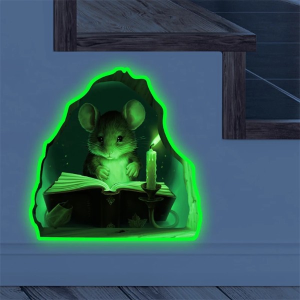 3D Mouse Hole Wall Sticker Glow in The Dark Mouse Reading Book Wall Decal Peel Stick Nursery Kids Room Classroom Bedroom Decor