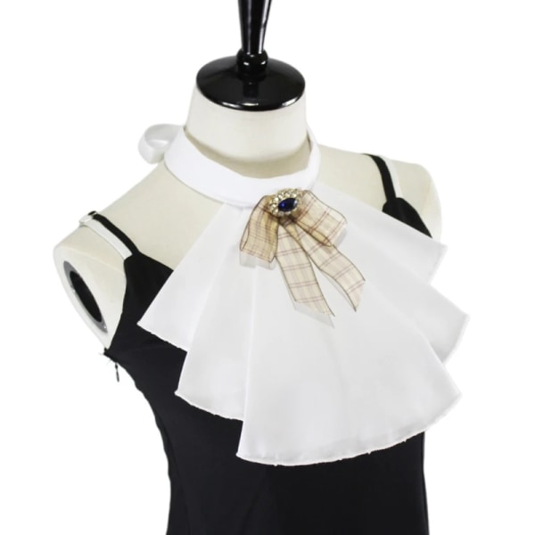 F42F Elizabethan Fake Collar Costume Colonial Jabot Layered Ruffled Detachable Necktie with Checked Bow for Women