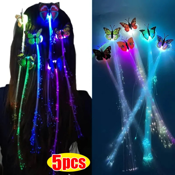 5pcs LED Glowing Flash Wigs Hair Braided Clip Hairpin Butterfly Luminous Hairpin Clip Halloween Party Bar Christmas Decoration