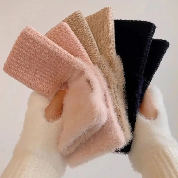 2024 Winter TouchScreen Plush Warm Gloves Women's Men's Outdoor Warm Stretch  Furry Mittens Wool Half Finger Fingerless Gloves