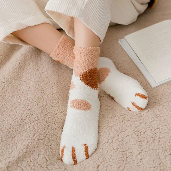 Plush Winter Cute Style Cat Paw Cartoon Pattern Women Cotton Socks Super Soft For Female Stay in the house Sleeping Floor Sox