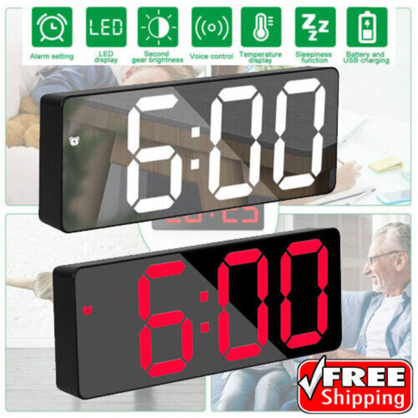 LED Digital Desk Alarm Clock  USB Large Mirror Display Snooze Temperature Mode