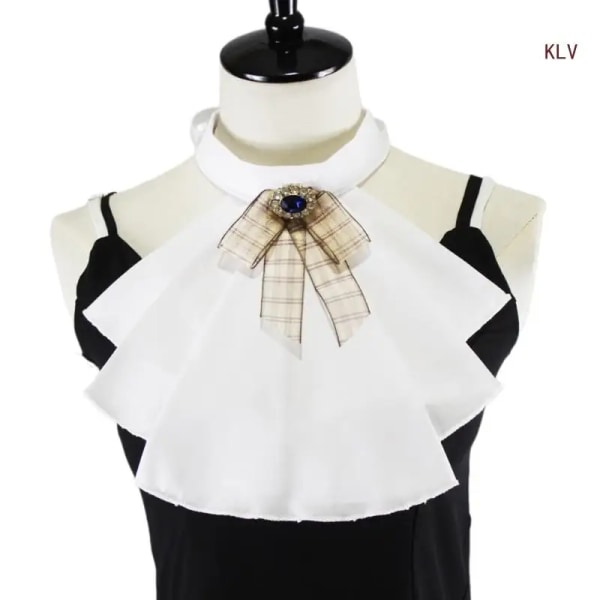 Womens Victorian Detachable Jabot Necktie with Checked Bowknot Steampunk Layered Ruffled Fake Collar Shirt Front Neckwear