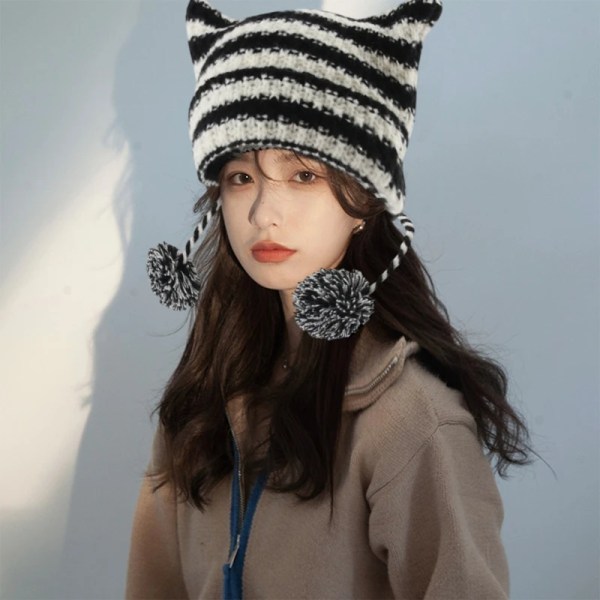 Autumn Winter Harajuku Cat Ears Beanie Little Devil Striped Crochet Knitted Hat Women Girl Warm Streetwear Cap Pullover Handmade