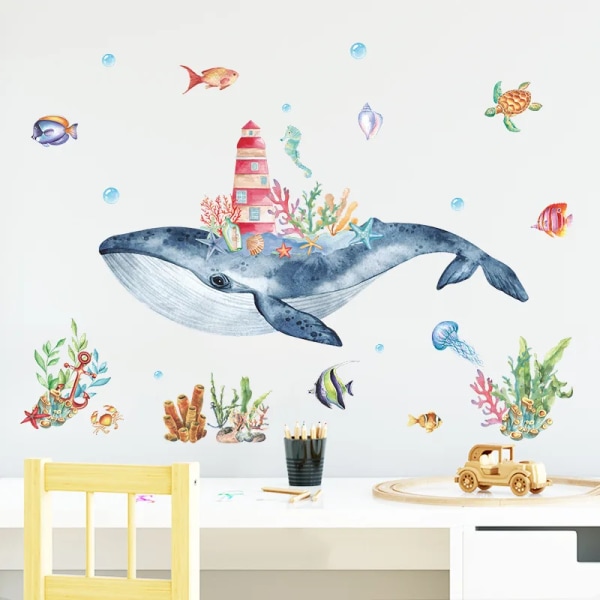 Undersea Whale Wall Stickers for Children Kids rooms Wall Decor Cartoon Lighthouse PVC Wall Decals Home Decoration Art Murals