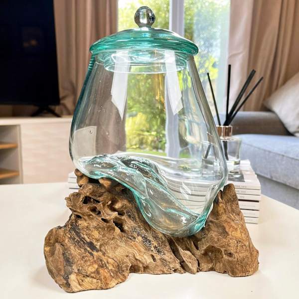 Molten Glass Jar Teak Root Stand with Lid Wood Decorative Bowl Rustic Ornament