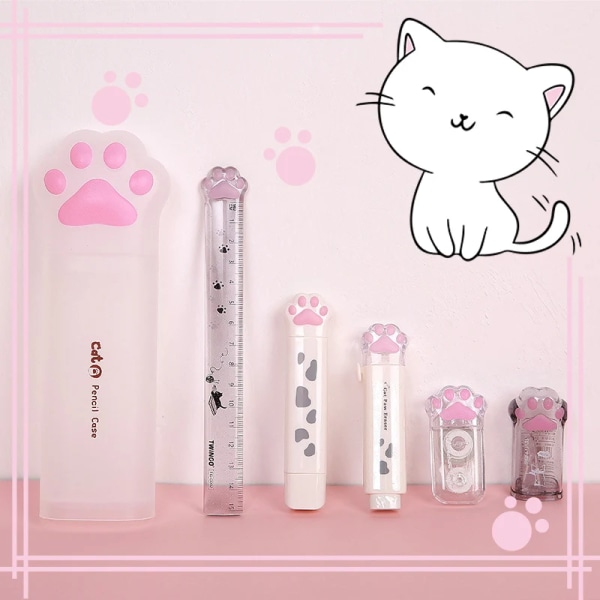 6Pcs/lot Creative Cat Paw Stationery Set  Transparent Pen Box Pencil Sharpener Correction Tape Glue Eraser Ruler for Girls Gifts