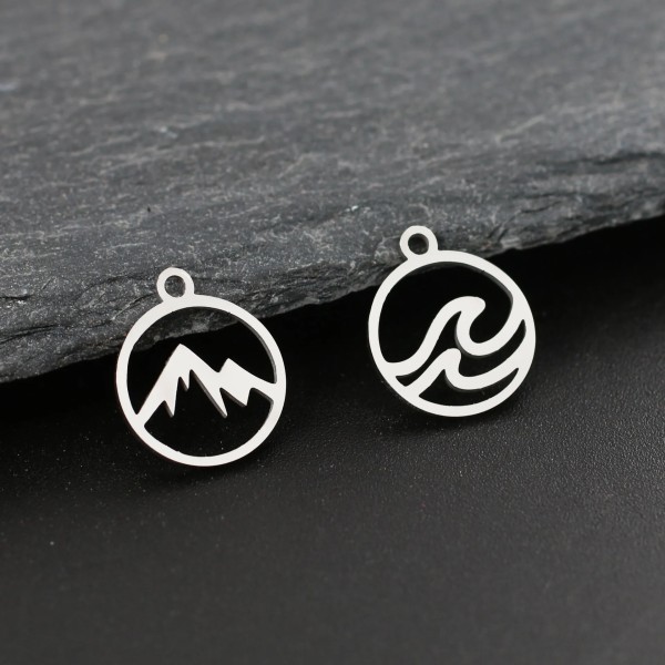 DOOYIO 5pcs/Lot Stainless Steel Charms Round Mountain and Sea Couple Pendants for DIY Jewelry Making Supplies Wholesale