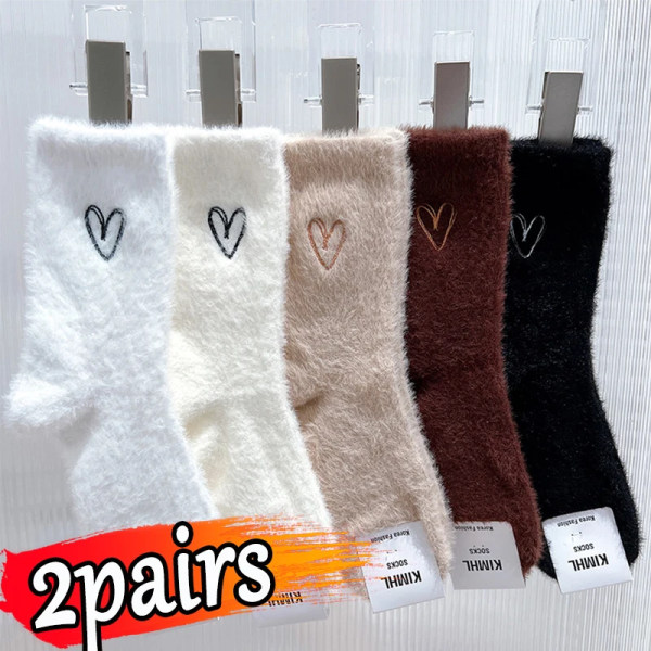 1/2pairs Women Winter Socks Warm Soft Fluffy Bed Socks White Black Love Ladies Home Floor Slipper Mink Fur Thicken Fleece Sock