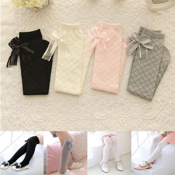 5pairs  Girl Classic Kids Cotton Socks Tights School High Knee Gridding Bow Stockings`