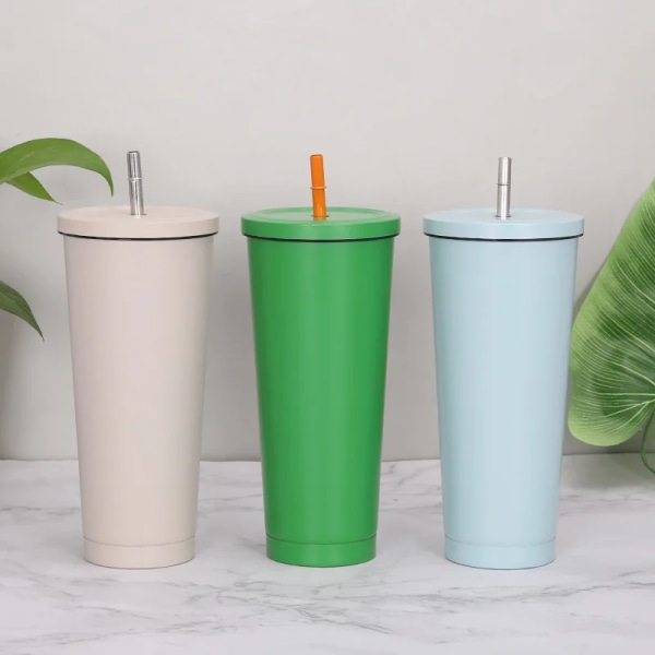 New Hot Sale 750ML 304Stainless Steel Straw Cup Large Capacity Vacuum Solid Color Coffee Mug Tumbler Cup