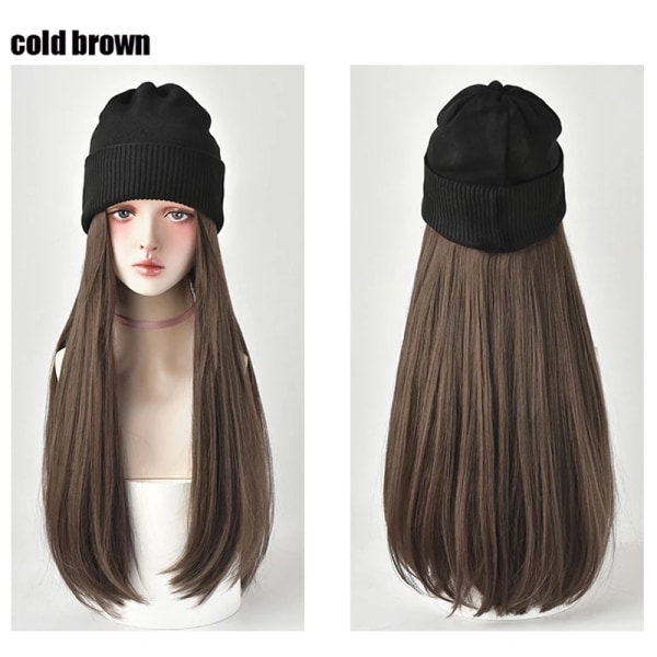 Beanies Hat With Hair Wigs For Women 24 inch Long Straight Hair Synthetic Wig Warm Soft Ski Knitted Autumn Winter Cap