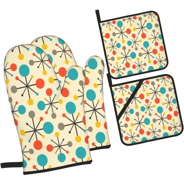 Mid Century Fifties Modern Atomic Retro Colors Oven Mitts and Pot Holders Sets of 4 High Heat Resistant Oven Mitts
