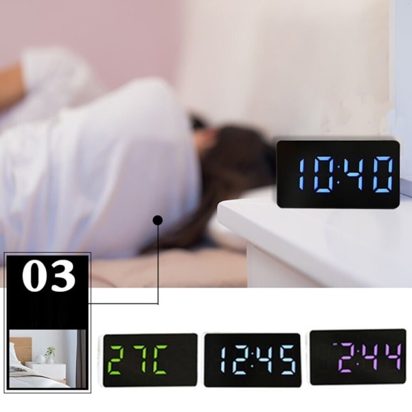 LED Digital Alarm Clock Mirror Table Clock Night Light Thermometer Snooze Alarm NEW-