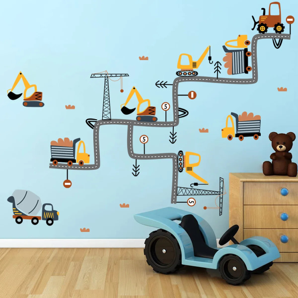 Cartoon Animals Wall Stickers Construction Vehicle Excavator Road Wall Sticker Decal Wallpaper for Kid Room Baby Room Decoration