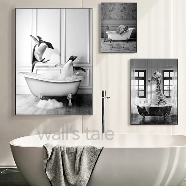 Black and White Animals Bathroom Photo Wall Art Pictures Giraffe Elephant Funny Posters Canvas Painting Prints Bathroom Decor