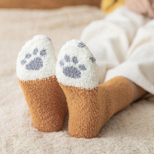 Kawaii Winter Plush Cartoon White Socks For Women Cute 3d Dog Cat Paw Pattern Female Fleece Warm Funny Socks Home Floor Sleeping